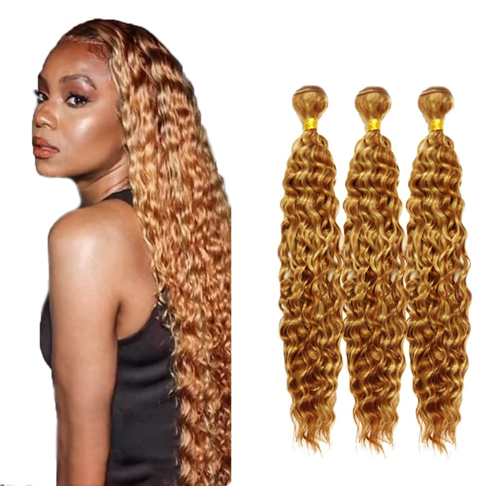 28 30 32 Inch Honey Blonde Highlight Bundles #30 Deep Wave Human Hair Bundles Unprocessed Brazilian Virgin Weave Human Hair Extensions
