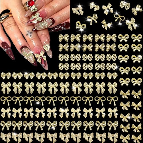 KACHIMOO 100PCS Gold Bow Nail Charms 3D Nail Art Decorations for Manicure