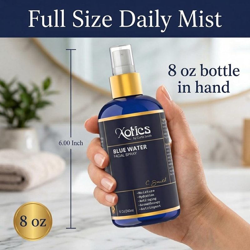 Xotics Blue Water Facial Spray - 8oz - Hydrating Face Mist With Aloe Vera - Refreshing Toner for Men & Women, Aftershave, Daily Moisturizing Splash for All Skin Types