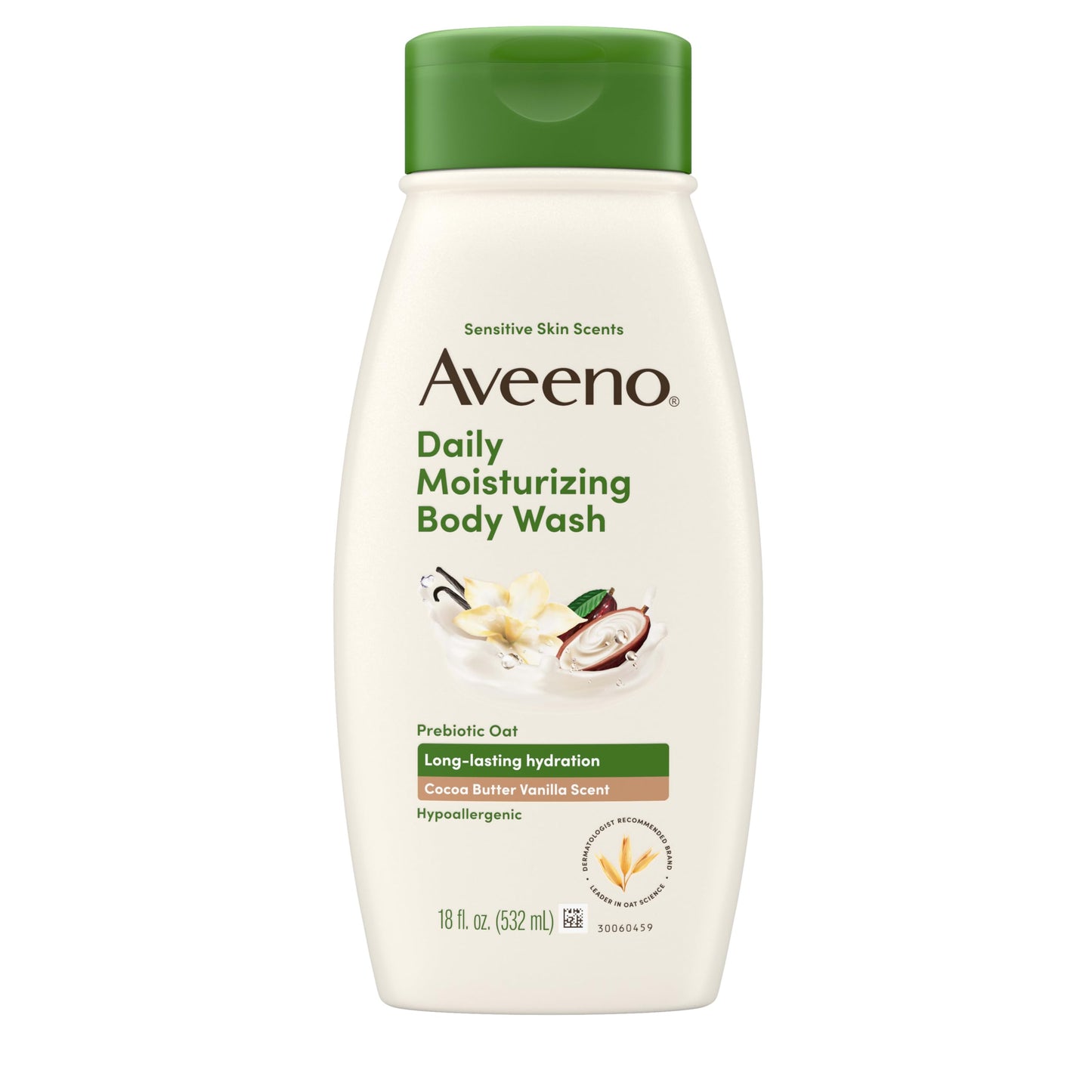 Aveeno Daily Moisturizing Body Wash with A Cocoa Butter Vanilla Scent & Soothing Prebiotic Oat, Provides Long-Lasting Hydration for Sensitive Skin, Hypoallergenic, Paraben-Free, 18 fl. oz