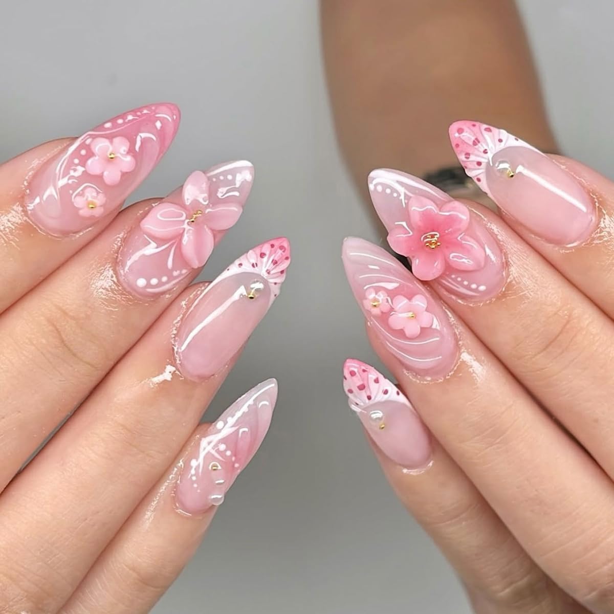 French Tip Almond Press-On Nails - Cat's Eye Acrylic with 3D Charms | 24 Pcs Set
