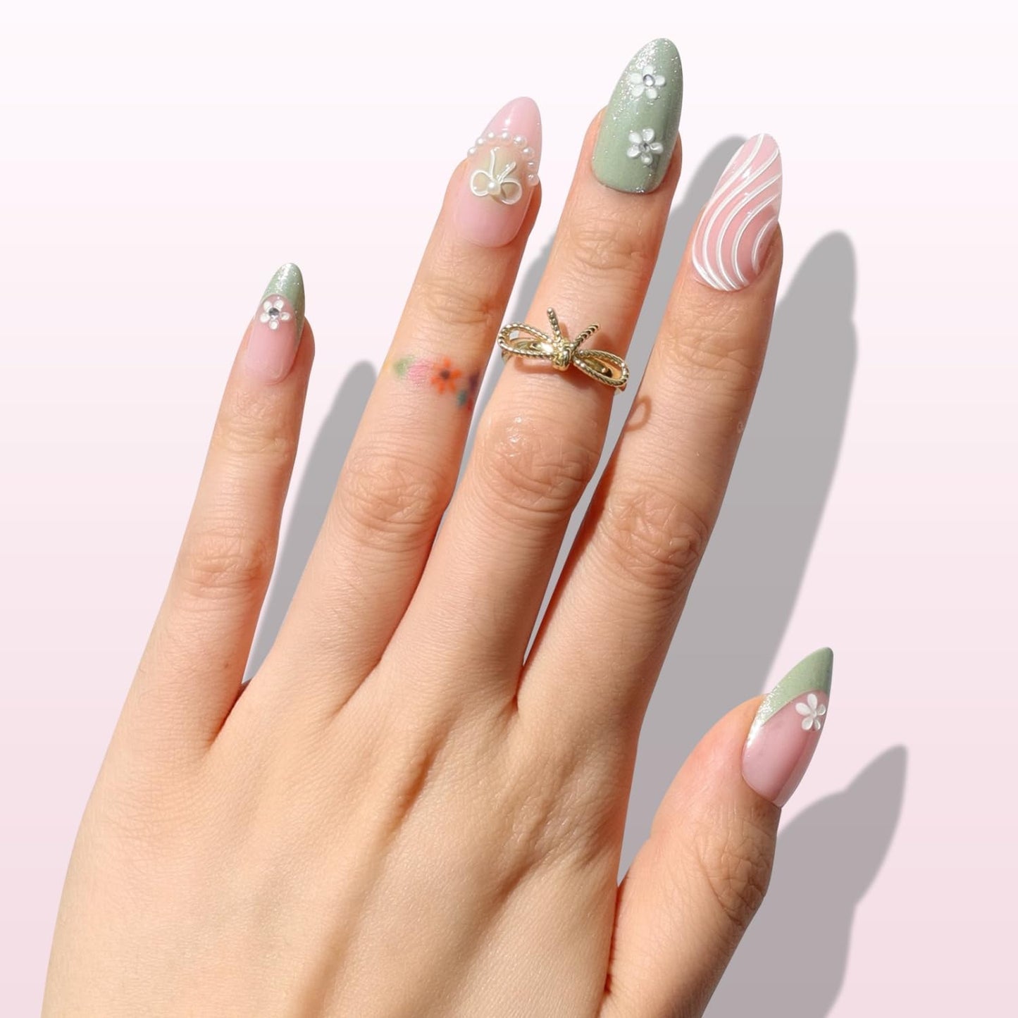 Floral French Press-On Nails - Garden of Pearls | Short Almond Design on Pink Green Shimmer Base - 30 Reusable Nails in 15 Sizes for Women