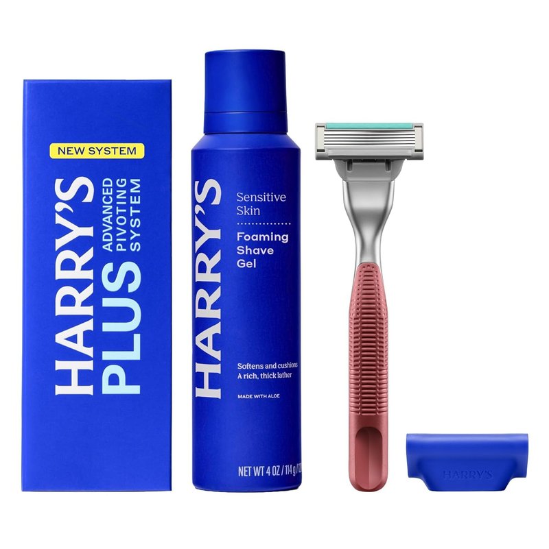 Harry's Plus Trial Shaving Kit for Men - Premium Handle, Razor Blade Cartridge, Foaming Shave Gel, and Travel Blade Cover - Advanced Pivoting System - Clay