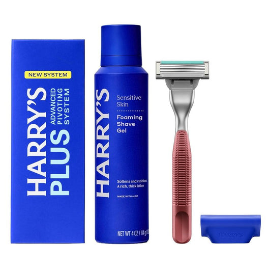 Harry's Plus Trial Shaving Kit for Men - Premium Handle, Razor Blade Cartridge, Foaming Shave Gel, and Travel Blade Cover - Advanced Pivoting System - Clay