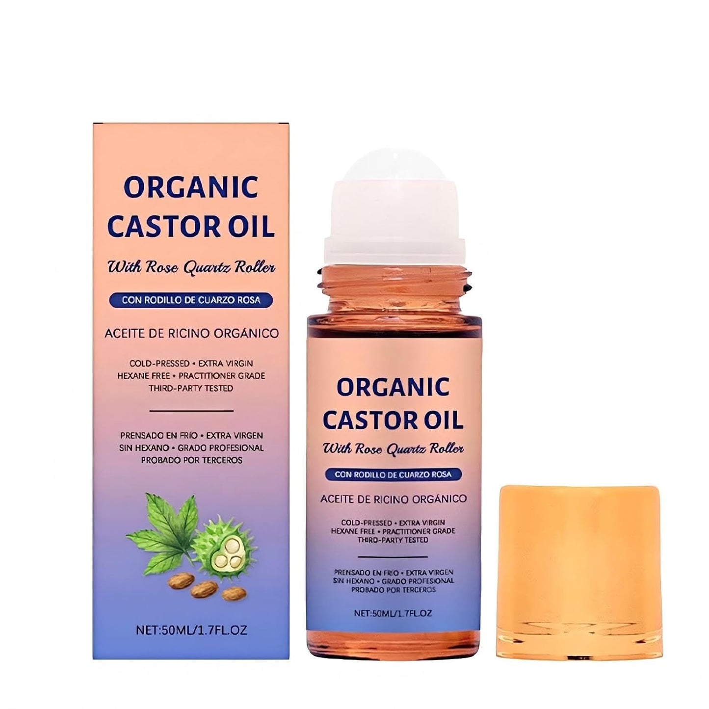 Organic Castor Oil with Rose Quartz Roller - Hydrating Roll-On for Brows, Lashes & Face | Leakproof Travel Bottle