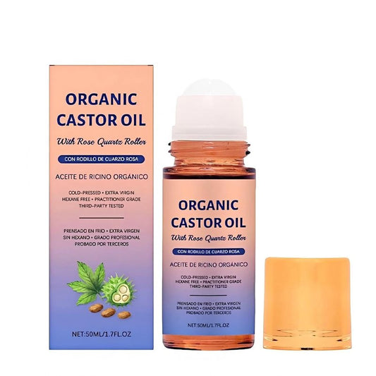 Organic Castor Oil with Rose Quartz Roller - Hydrating Roll-On for Brows, Lashes & Face | Leakproof Travel Bottle