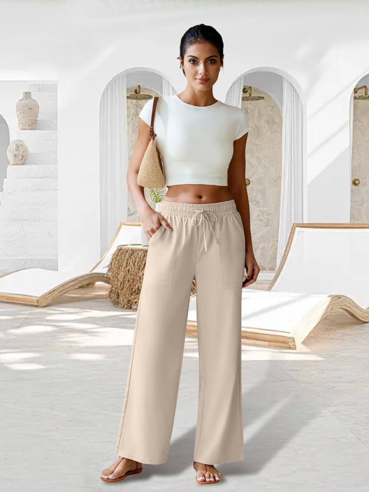 FireSwan Womens Linen Palazzo Pants Wide Leg Drawstring Casual Flowy Pants Summer Beach Trousers with Pockets