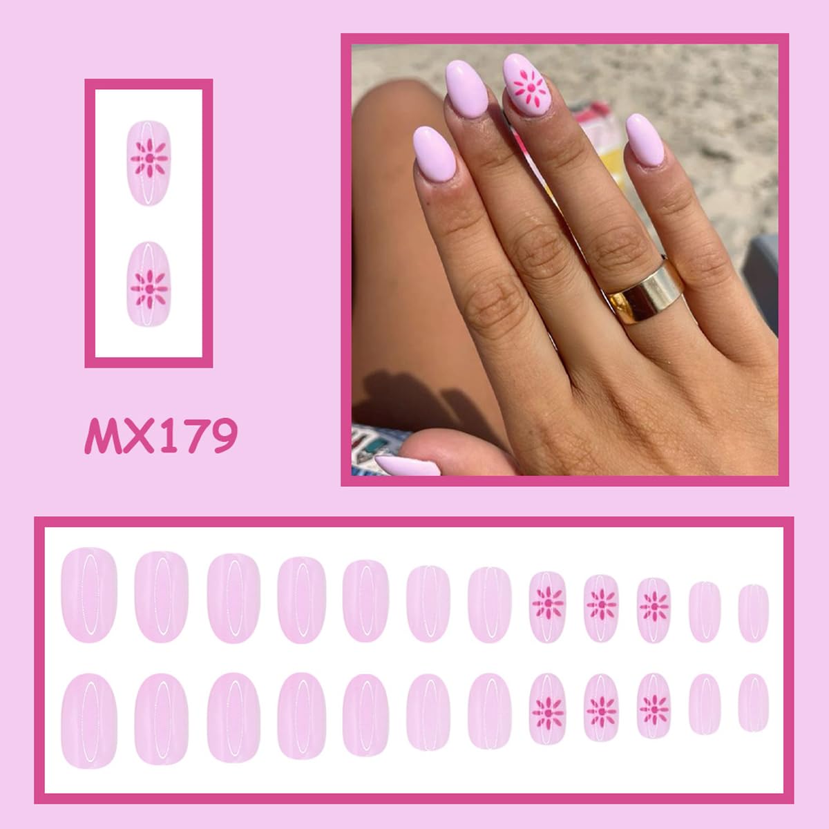 Press On Nails - Medium Oval Pink Fake Nails with Summer Designs | 24 Pcs Reusable Glossy Full Cover