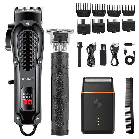 WAIKIL Men's Hair Clippers Set,Cordless Hair Trimmer & Foil Shaver Kit with LCD Display,Professional Barber Clippers for Men,Beard Trimmer,T-Outliner,Rechargeable Grooming Kit with Guide Combs