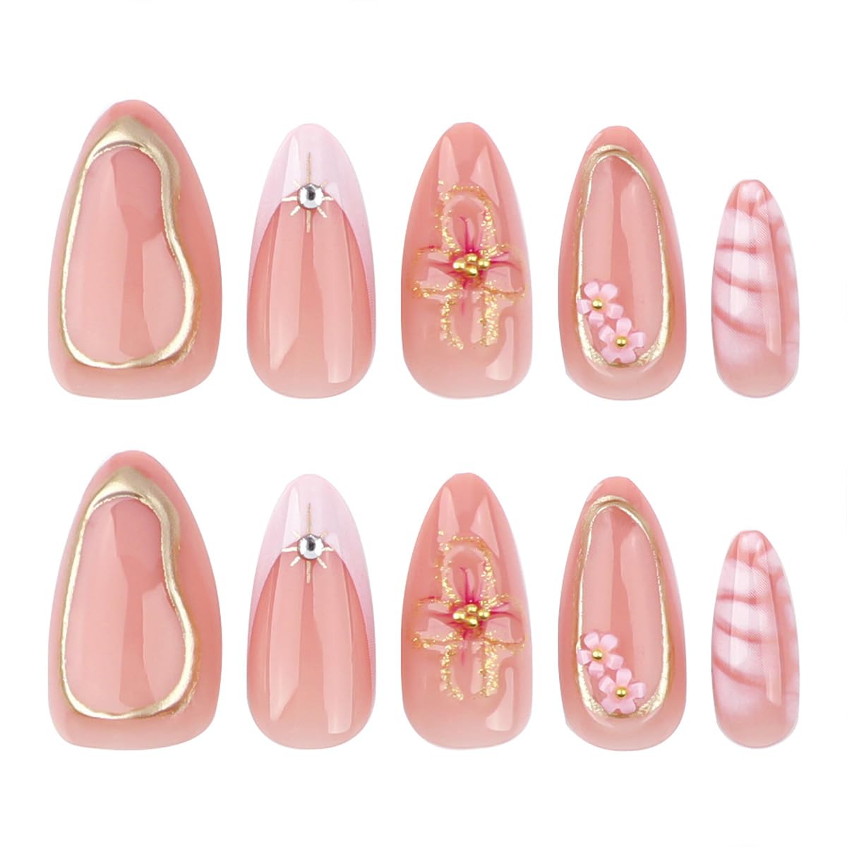 3D Flower Press-On Nails - Medium Square Pink French Tip with Star Rhinestones | Full Cover Artificial Nails for Women