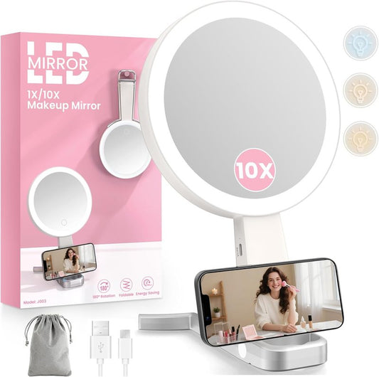 Makeup Mirror with Lights - Double-Sided 10X Magnification | Portable Rechargeable 3-in-1 Design