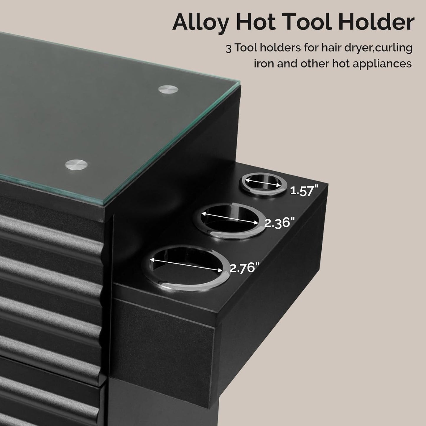 Professional Salon Station - Tempered Glass Top, 3 Drawers, Heat Resistant Tool Holders | Black Barber & Stylist Storage Cabinet