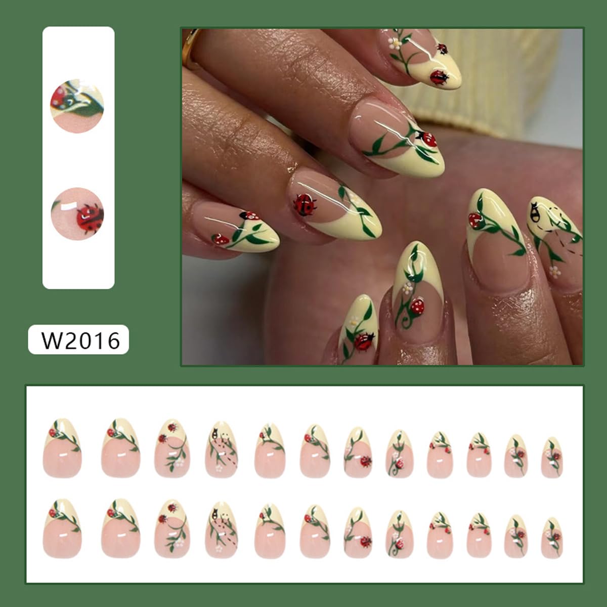 Almond Yellow French Tip Press-On Nails - Ladybug & Green Leaves Design | Reusable Full Cover 24 Pcs for Spring/Summer Manicure
