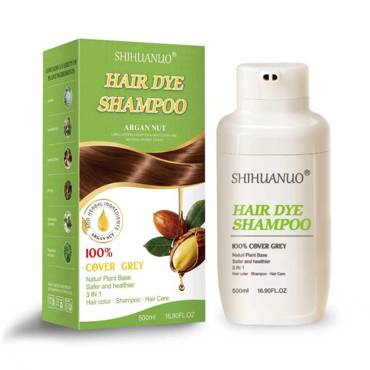 SHIHUANUO Hair Dye Shampoo for Gray Hair, 3-in-1 Color Shampoo with 6 Herbal Extracts, 100% Grey Coverage Easy to dye, Non-irritating,Hair Color shampoo for Women & Men/ 500ml(Dark Brown)
