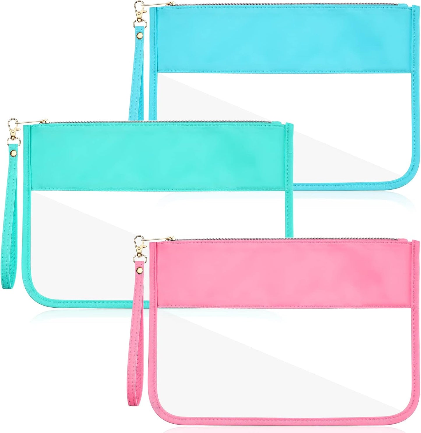 Clear Flat Zipper Pouches Set - 3 Pcs Waterproof Nylon Makeup & Snack Bags | Portable Travel Organizers (Pink, Blue, Purple)