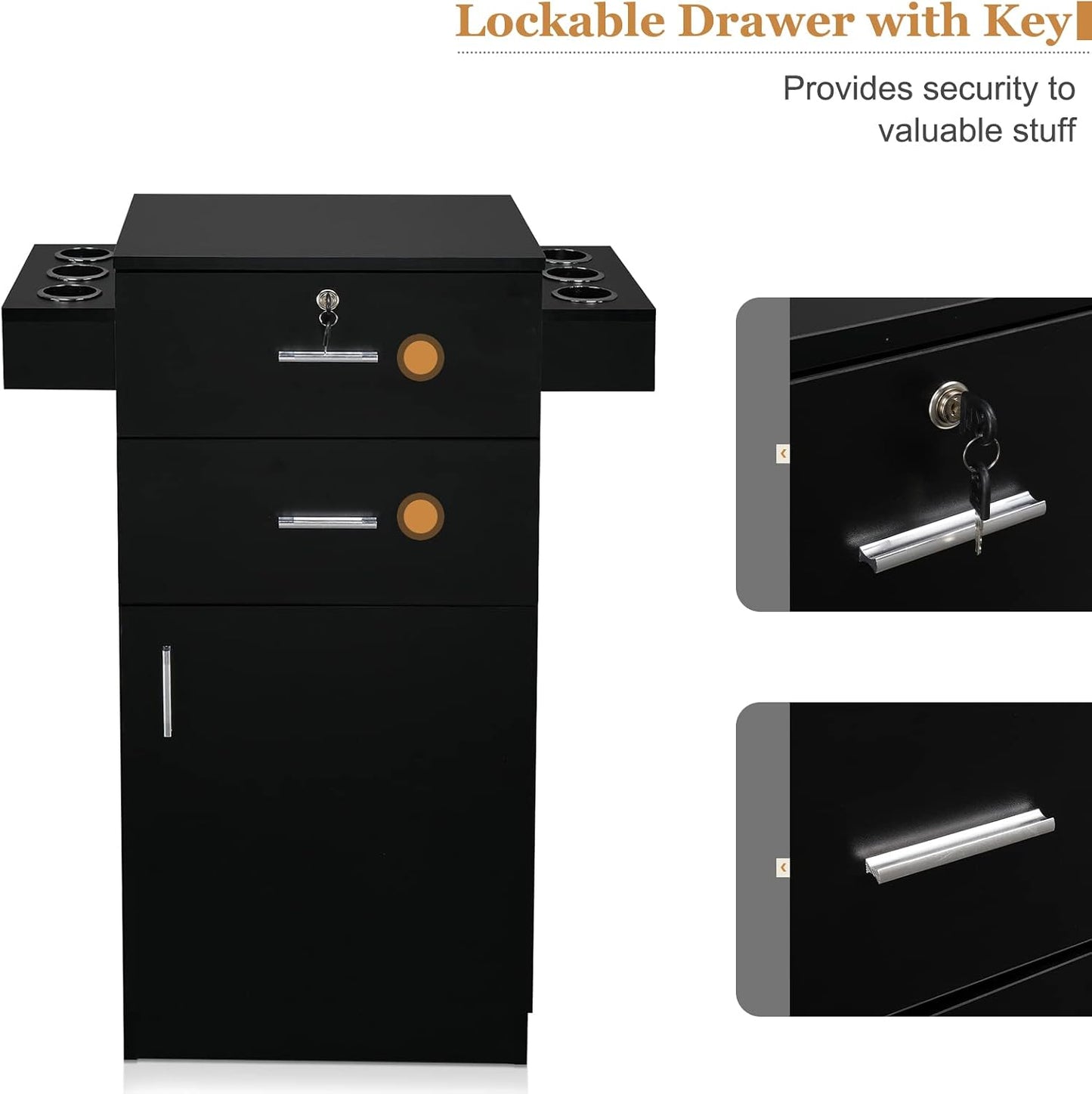 Salon Stations for Hair Stylists - Beauty Salon Storage Cabinet with 2 Drawers & 6 Hair Dryer Holders | Black
