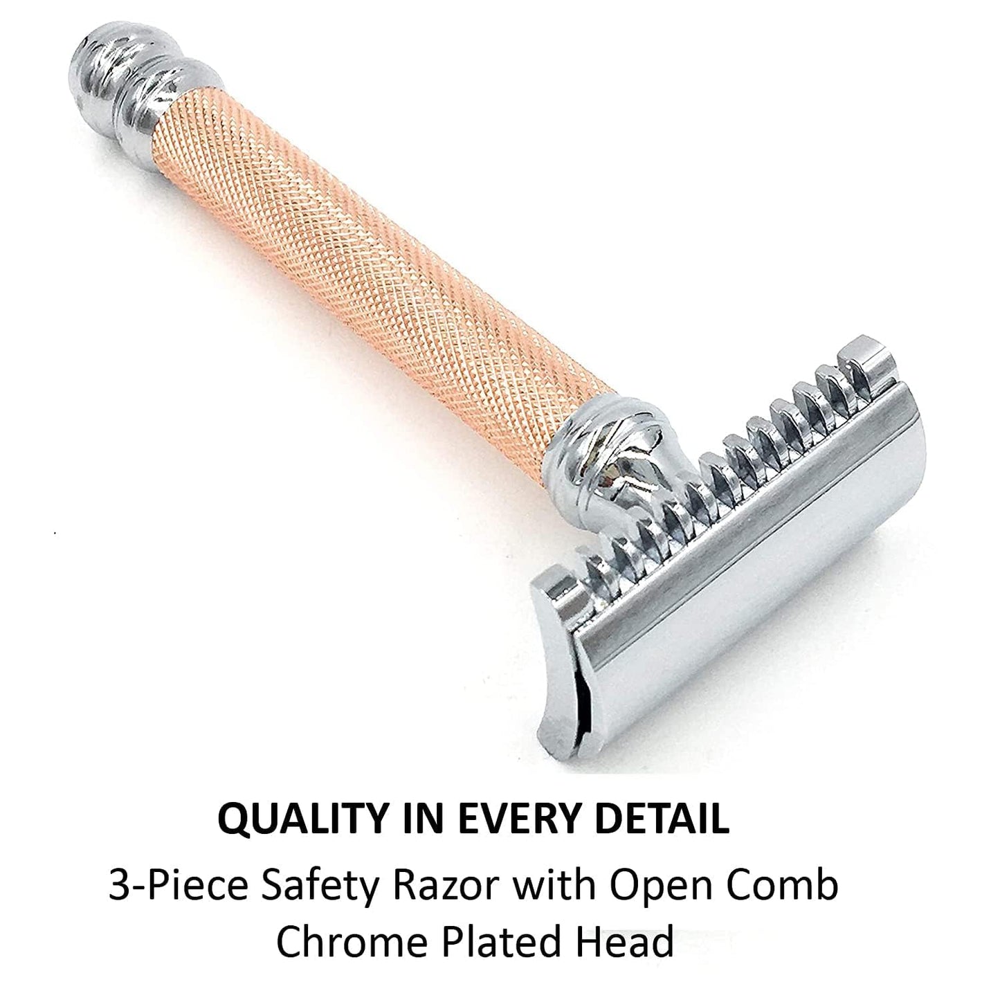 Parker Open Comb Double Edge Safety Razor – Heavyweight Chrome Handle for Closer Shaves – Includes 5 Razor Blades – Ideal for Men or Women (Rose Gold)