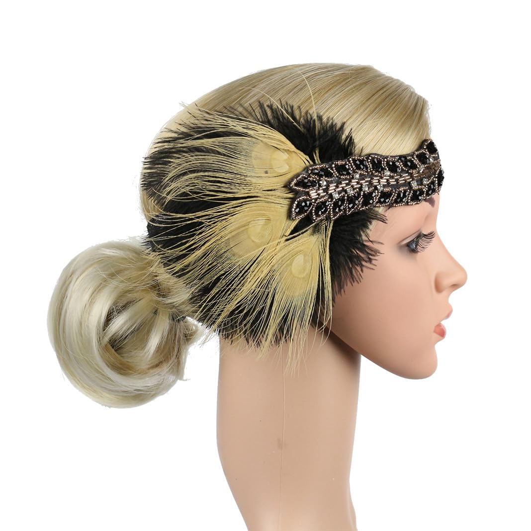 Lovfingu Flapper Headband Feather Roaring 20s Great Gatsby Headpiece for Women Art Deco Costumes G-Yellow