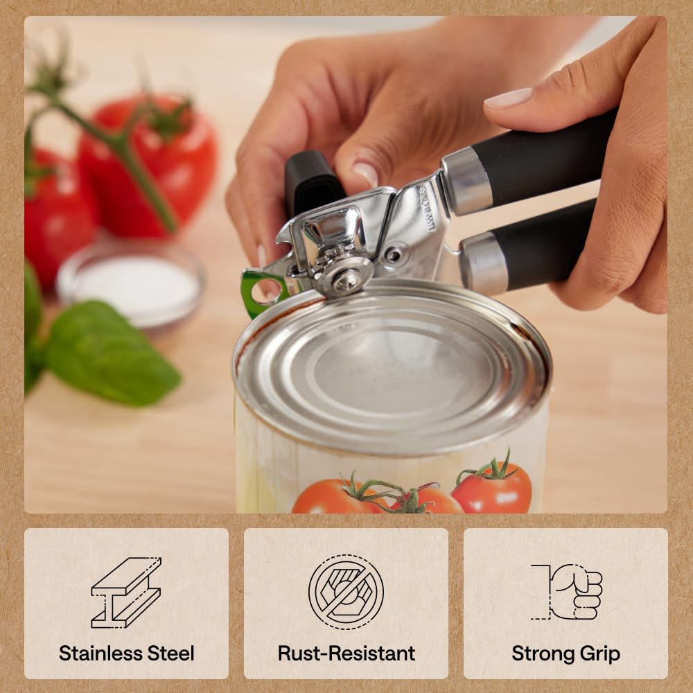 GORILLA GRIP Heavy Duty Stainless Steel Smooth Edge Manual Can Opener and Bottle Openers, US Designed, Comfortable Handle, Oversized Handheld Turn Knob, Multifunctional Kitchen Tool, Black