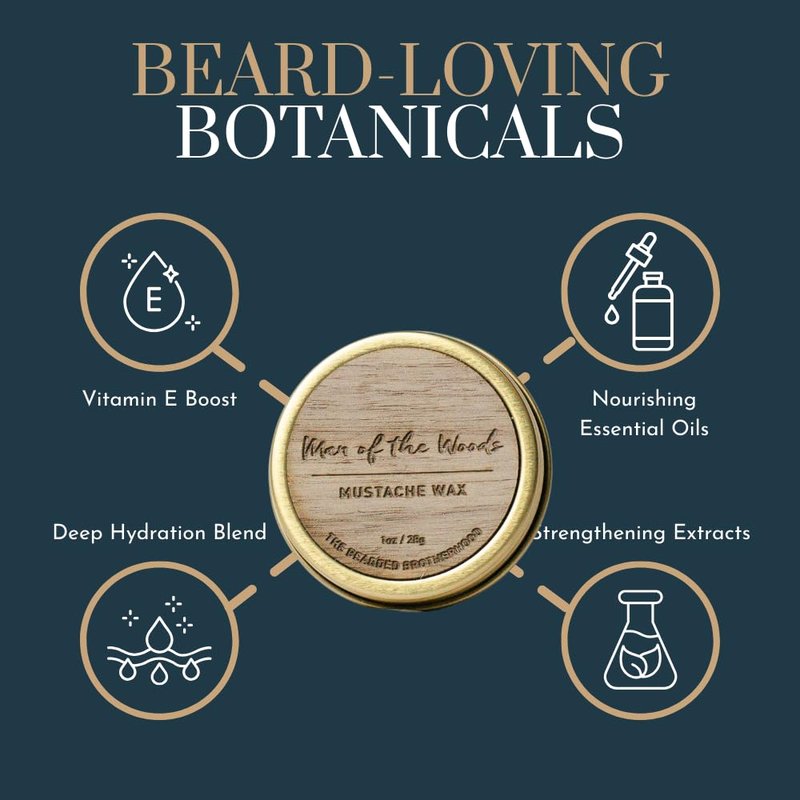 The Bearded Brotherhood TBB Man of the Woods Mustache Wax – Strong Hold Grooming Wax with Cedarwood, Patchouli, Sandalwood & Vanilla – Natural Styling Balm for Men, 1 oz