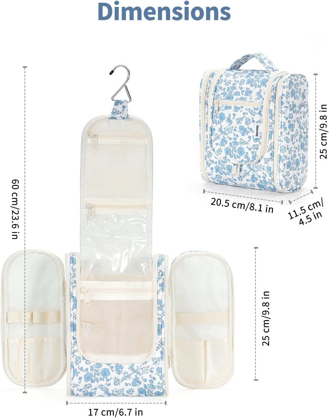Narwey Hanging Toiletry Bag - Travel Makeup Organizer for Women | Medium Blue Floral Design