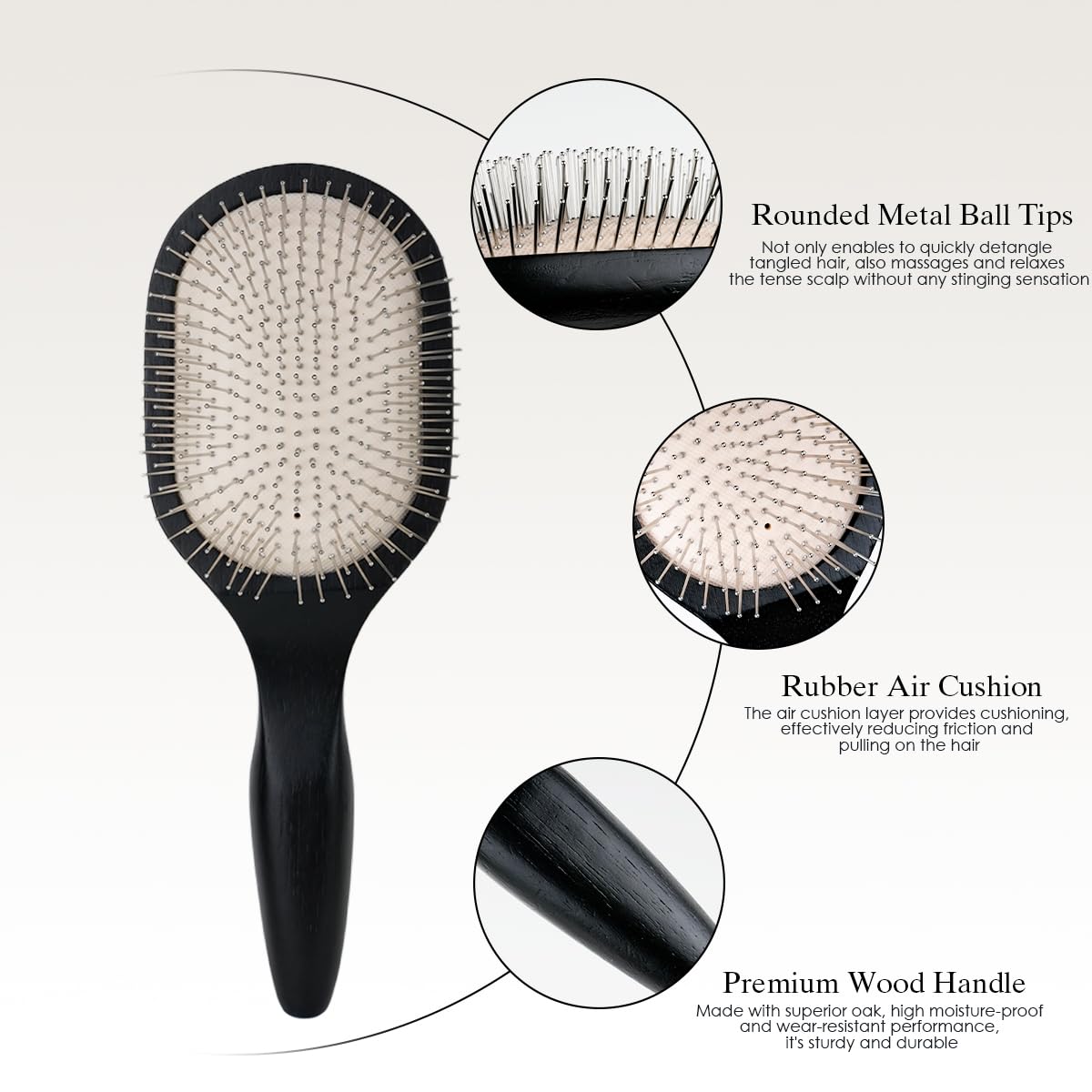 JingSoft Oak Wooden Hair Brush Anti-Static, Smoothing & Scalp Massaging Detangler Brush with Stainless Steel Bristles for All Hair Types - Black