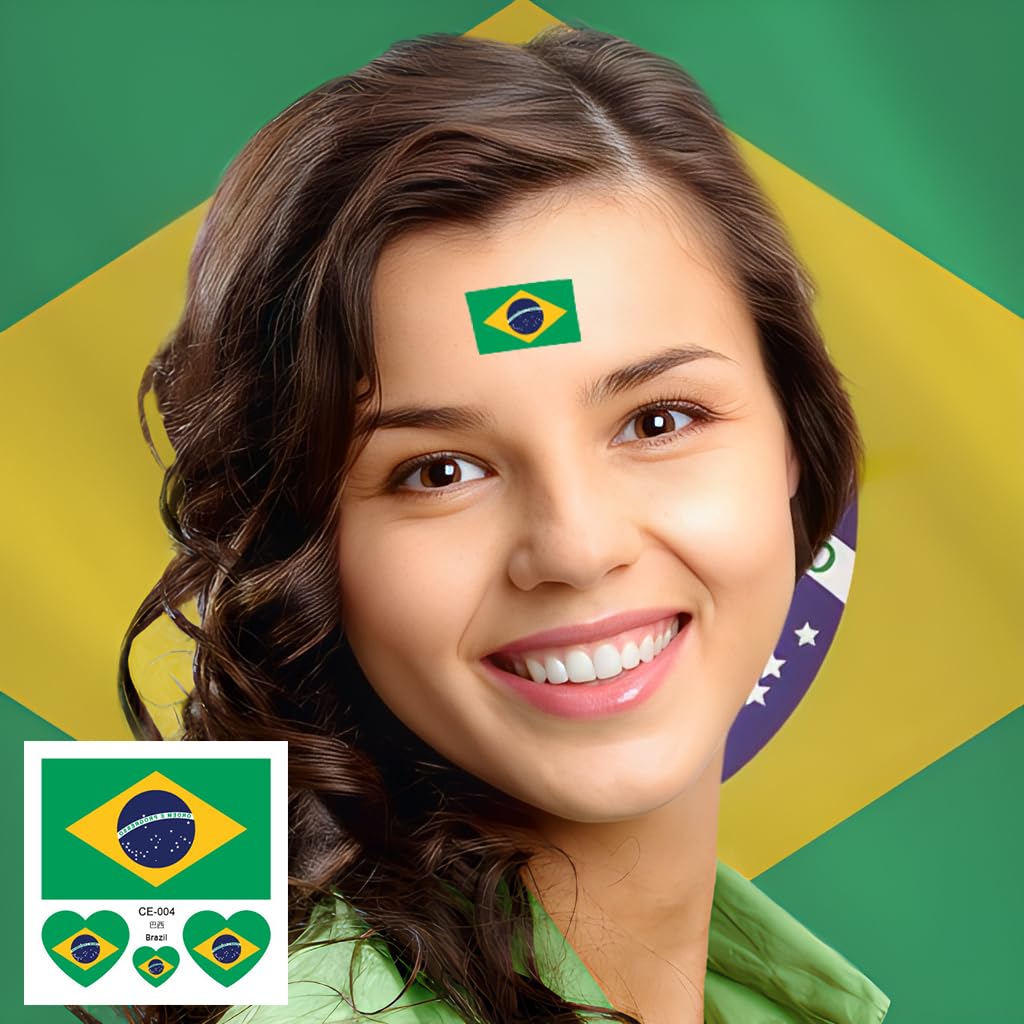 Brazil Flag Tattoos Temporary,40 Pcs World Cup|Sports Waterproof Sweat Sports National Flag Removable Fake Face Stickers For Teenages Boys Girls Men Women(Brazil)