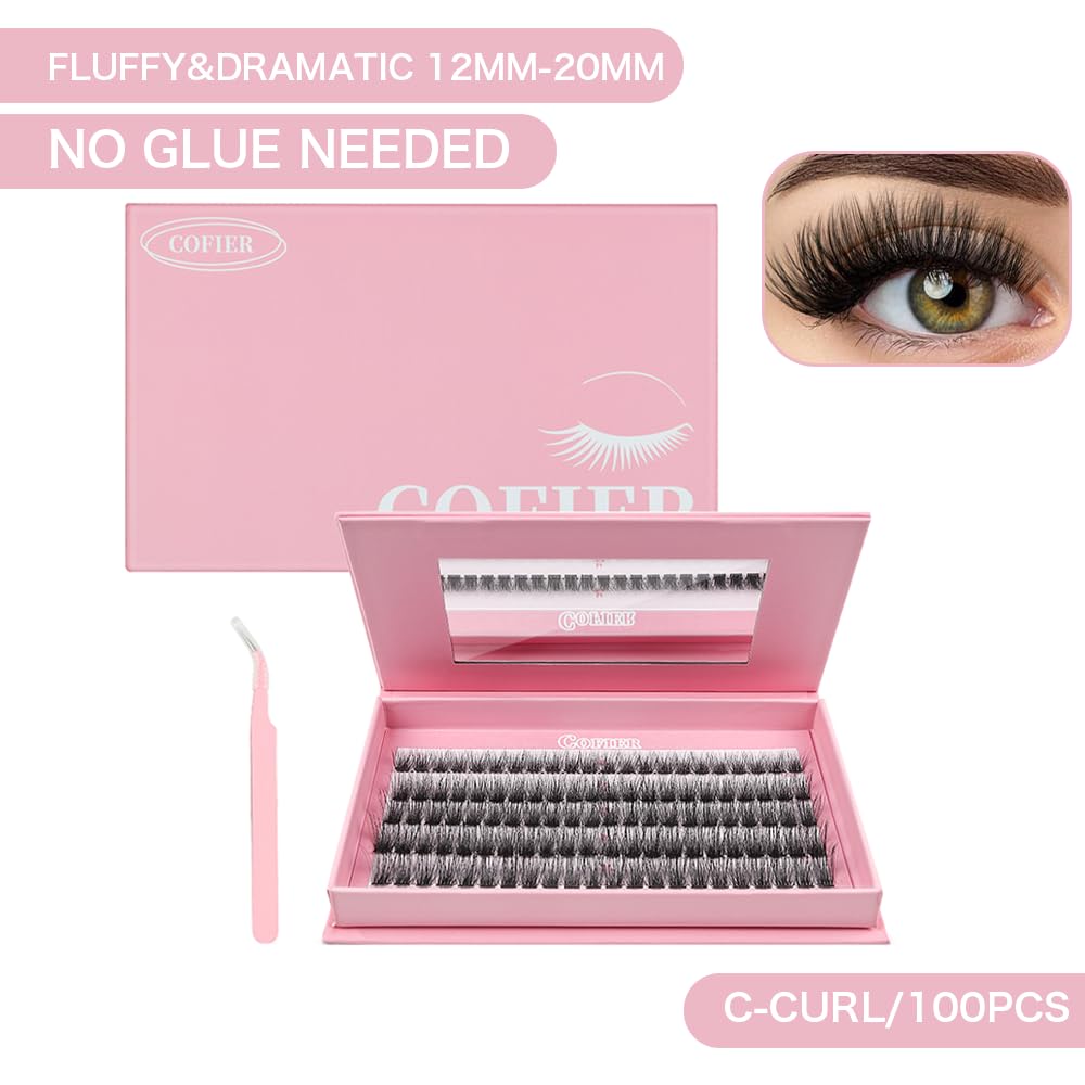Wispy Lash Clusters Kit - 100 Pcs Individual Eyelash Clusters (12-20mm D Curl) | DIY Extension Kit with Tweezers, Natural Fluffy Lashes for Beginners