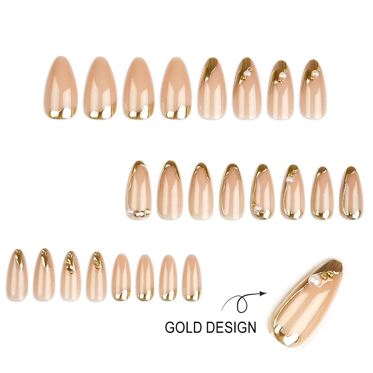 CTTHNBD Press on Nails Almond - French Tip Fake Nails with Gold Line Design - Medium Fasle Nails Press ons - for Women 24 Pcs