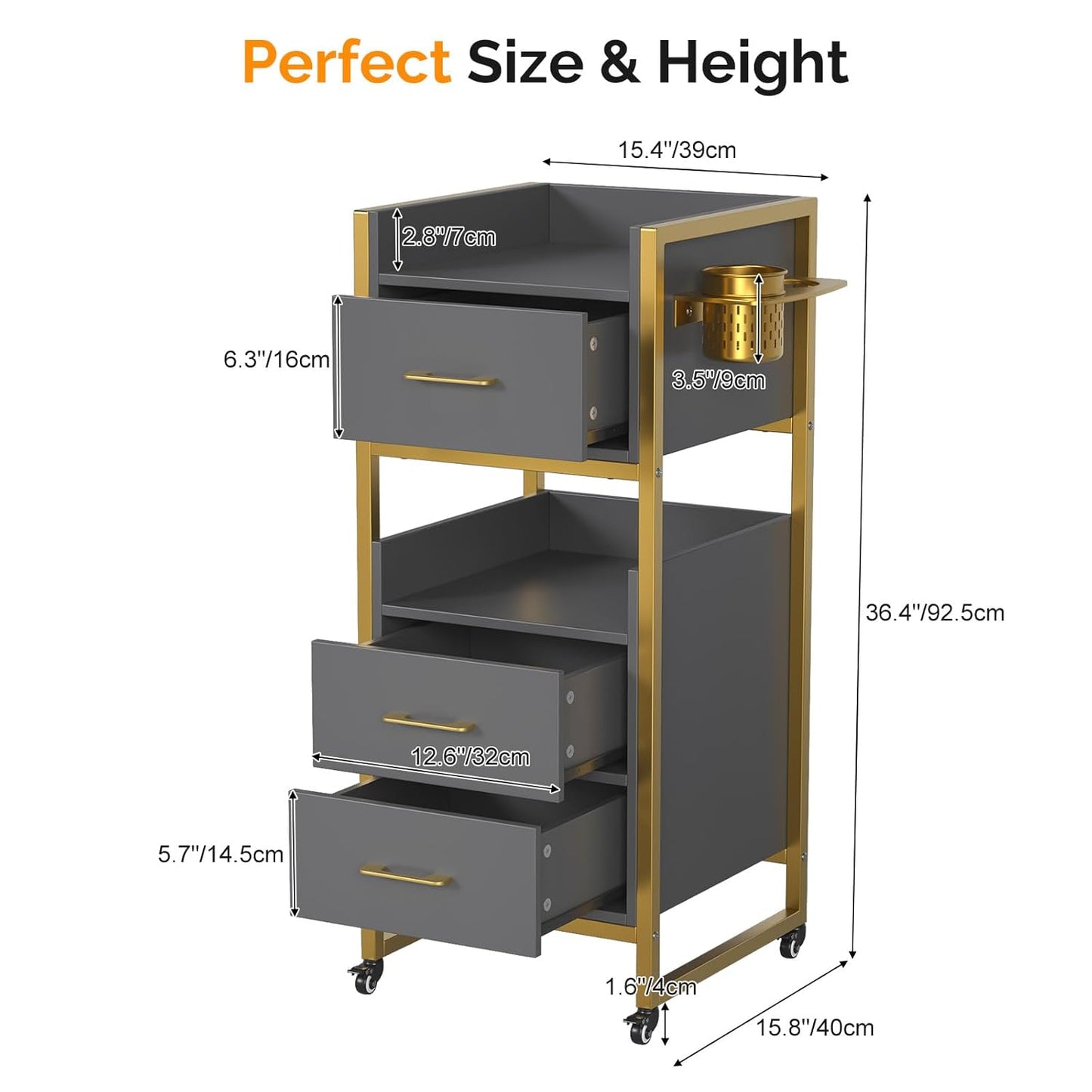 OmySalon Salon Trolley Cart - Mobile Hair Styling Station with 3 Drawers & 2 Shelves | Gray
