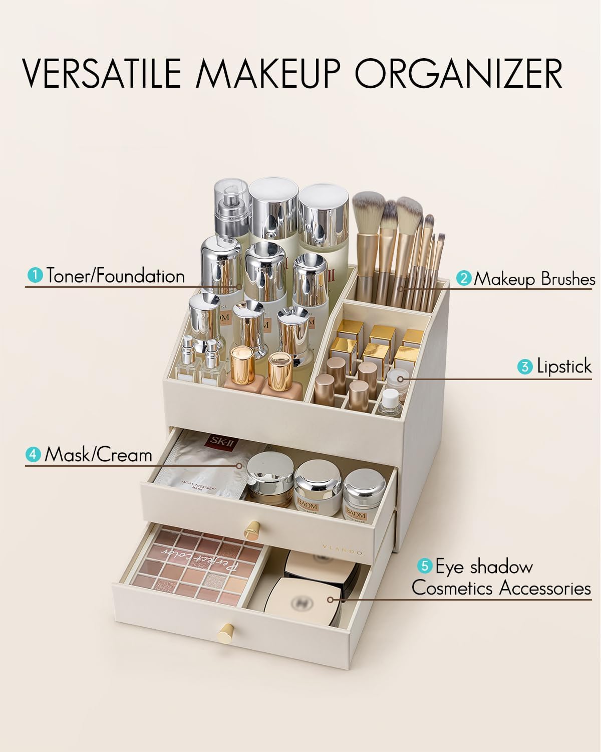 VLANDO Makeup Organizer - PU Leather Vanity Storage with Drawers | Beige Cosmetic & Skin Care Organizer for Women
