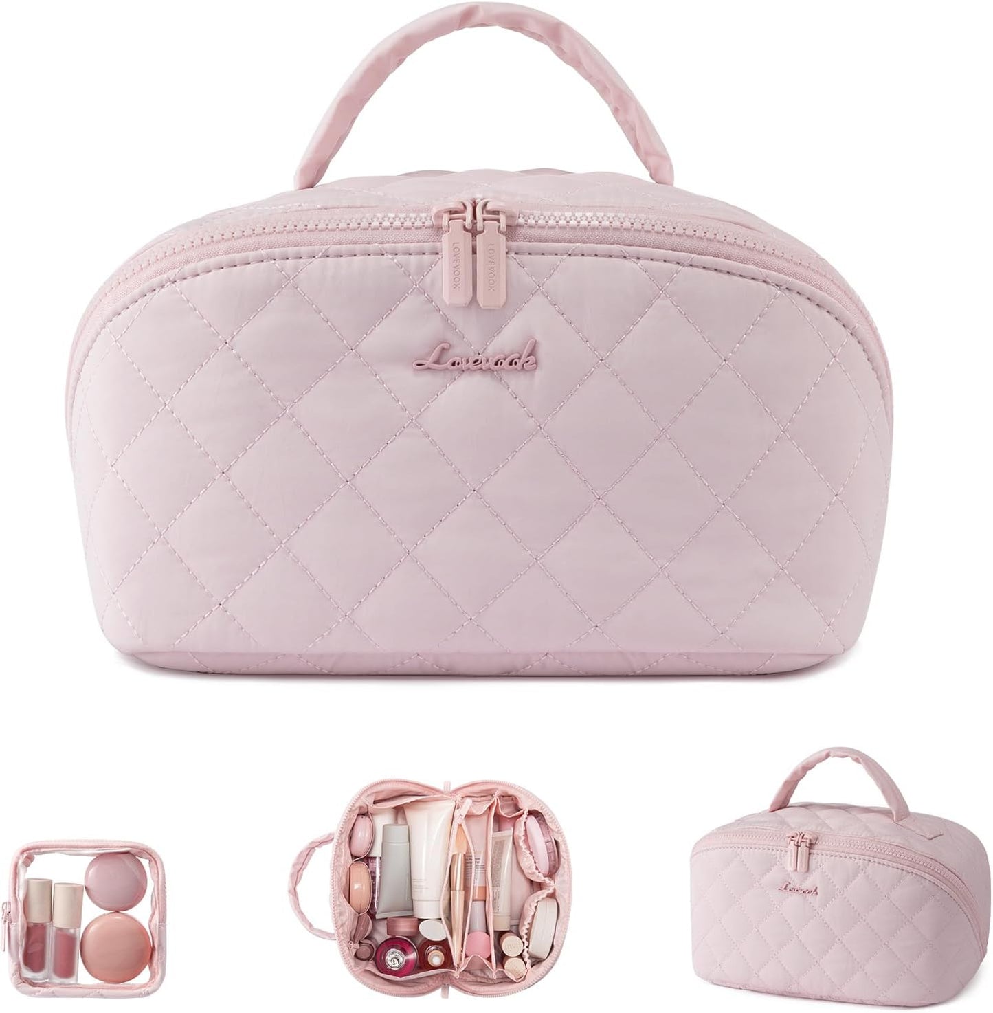 LOVEVOOK Travel Makeup Bag - Waterproof Cosmetic Organizer with Brush Compartment | Large Capacity Pouch in Pink, Medium