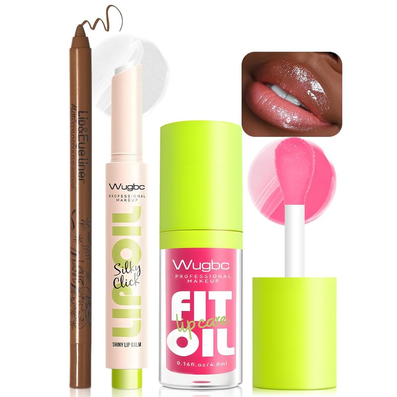 Hydrating Lip Liner & Tinted Lip Oil Set - Lightweight, Non-Sticky Gloss for Women | Brown & Pink Shades