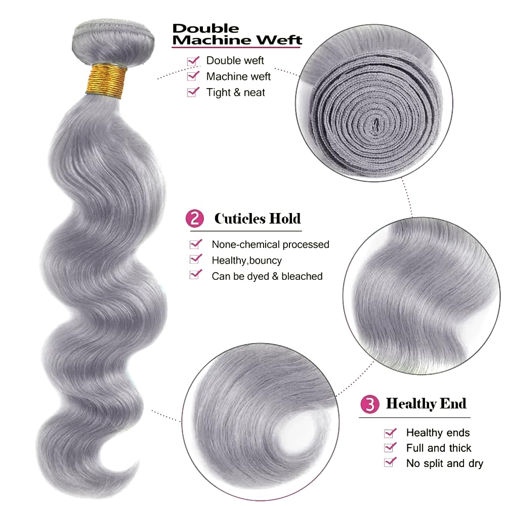 26 28 30 inch Grey Bundles Human Hair Silver Bundle Gray Body Wave Bundles Brazilian Remy Gray Hair Extensions for Women