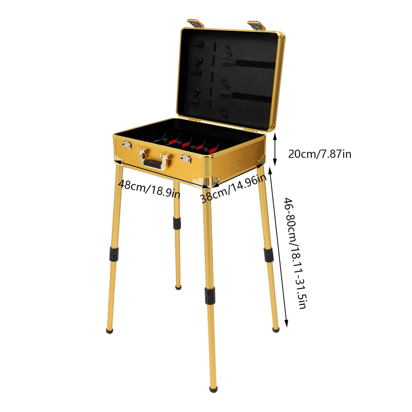 XUFOPLY Mobile Barber Station, Professional Barber Toolbox Floorstanding Barber Carrying Case with 18.11-31.5in Adjustable Height Legs & TSA Lock for Barbershop, Hair Salon (Gold)