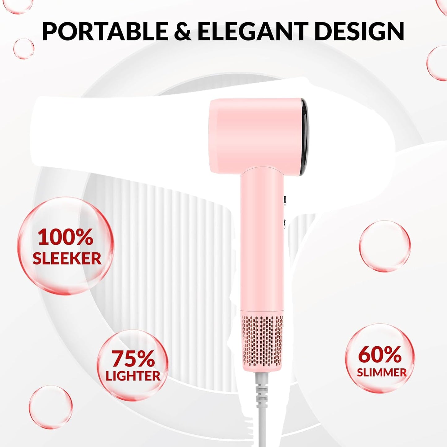 Chignon Ionic Travel Hair Dryer - 1600W Fast Drying Blow Dryer with Diffuser | Lightweight Pink Design