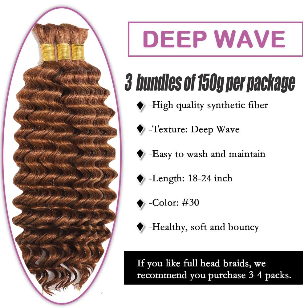 30 30 30 Inch #30 Human Braiding Hair For Boho Braids light Brwon Bulk Crochet Human Hair Boho Braiding #30 Deep Wave Braids Bulk Bohemian 3 Bundles/Pack 150g