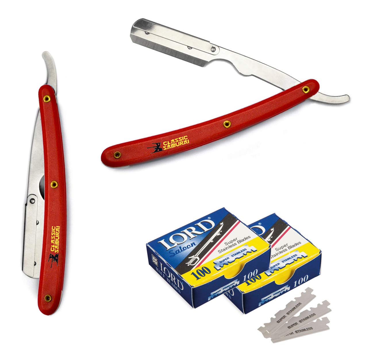 Classic Samurai Stainless Steel Professional Barber Folding Straight Edge Razor Shavette Men's Shaving Kit with 200 Count Lord Single Razor Blades (Red)