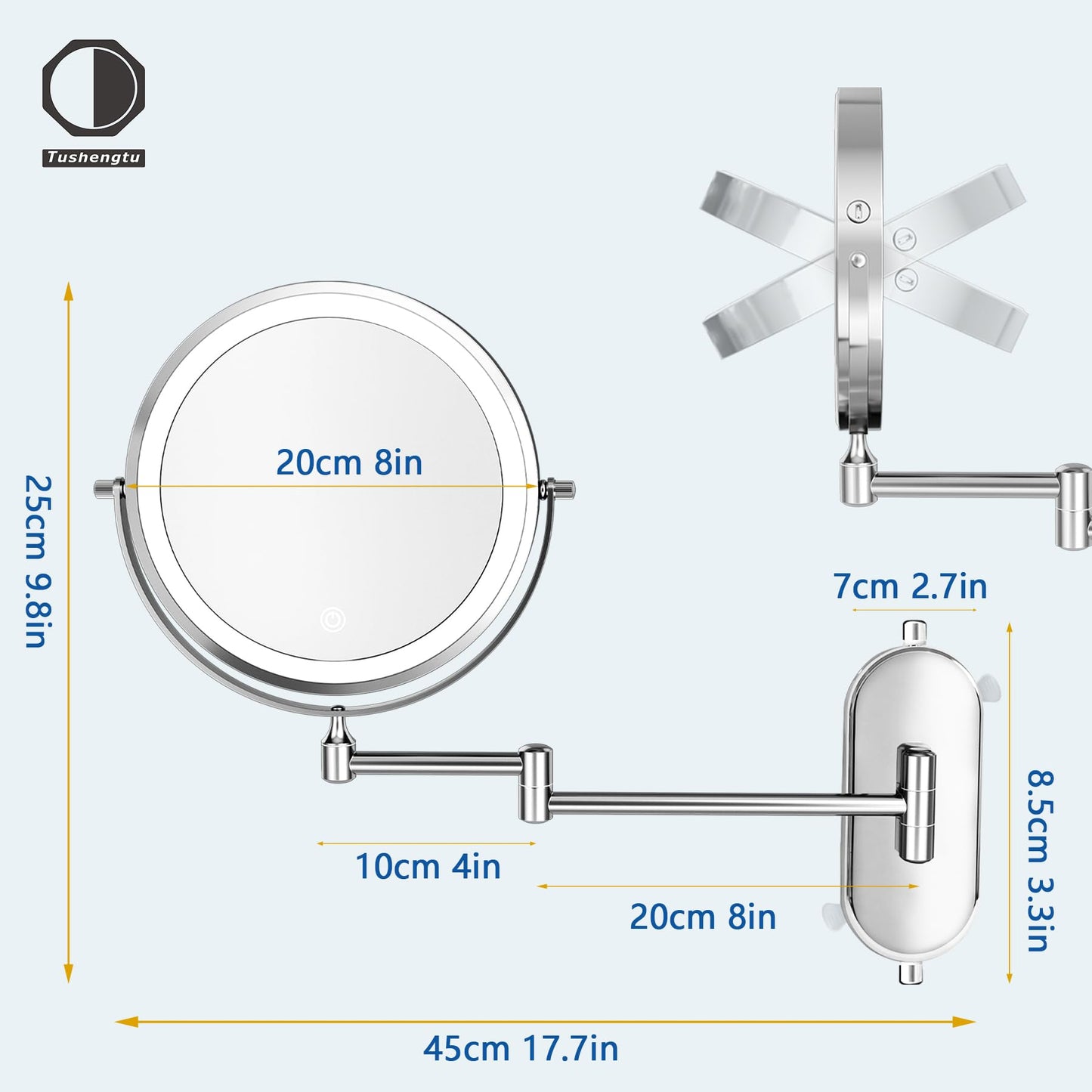 8“Lighted Makeup Mirror Wall Mounted Suction Cup,1X/10X Magnifying Mirror Rechargeable No Drilling Wall Mounted Makeup Mirror Swing Arm, 2000mAh USB Charging, Wall Mount for Bathroom & Shaving Chrome