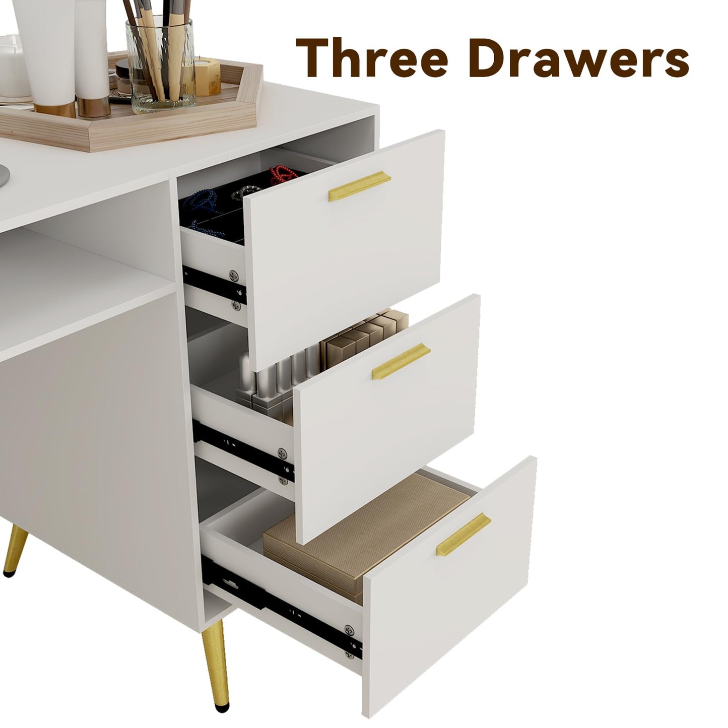ARTETHYS Portable Nail Desk with Drawers White Manicure Table Nail Station with Shelves L-Shaped Salon Corner Nail Art Equipment for Nail Tech