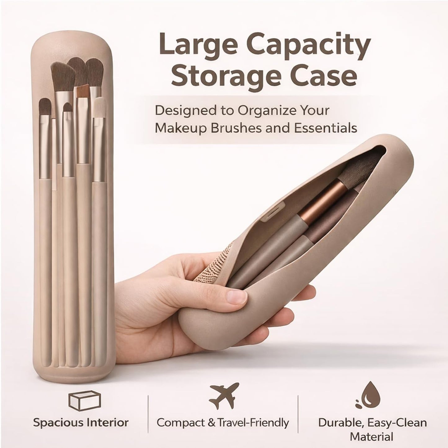 Silicone Makeup Brush Holder - Magnetic Closure Travel Bag with Built-In Cleaner | Portable Cosmetic Organizer - Khaki