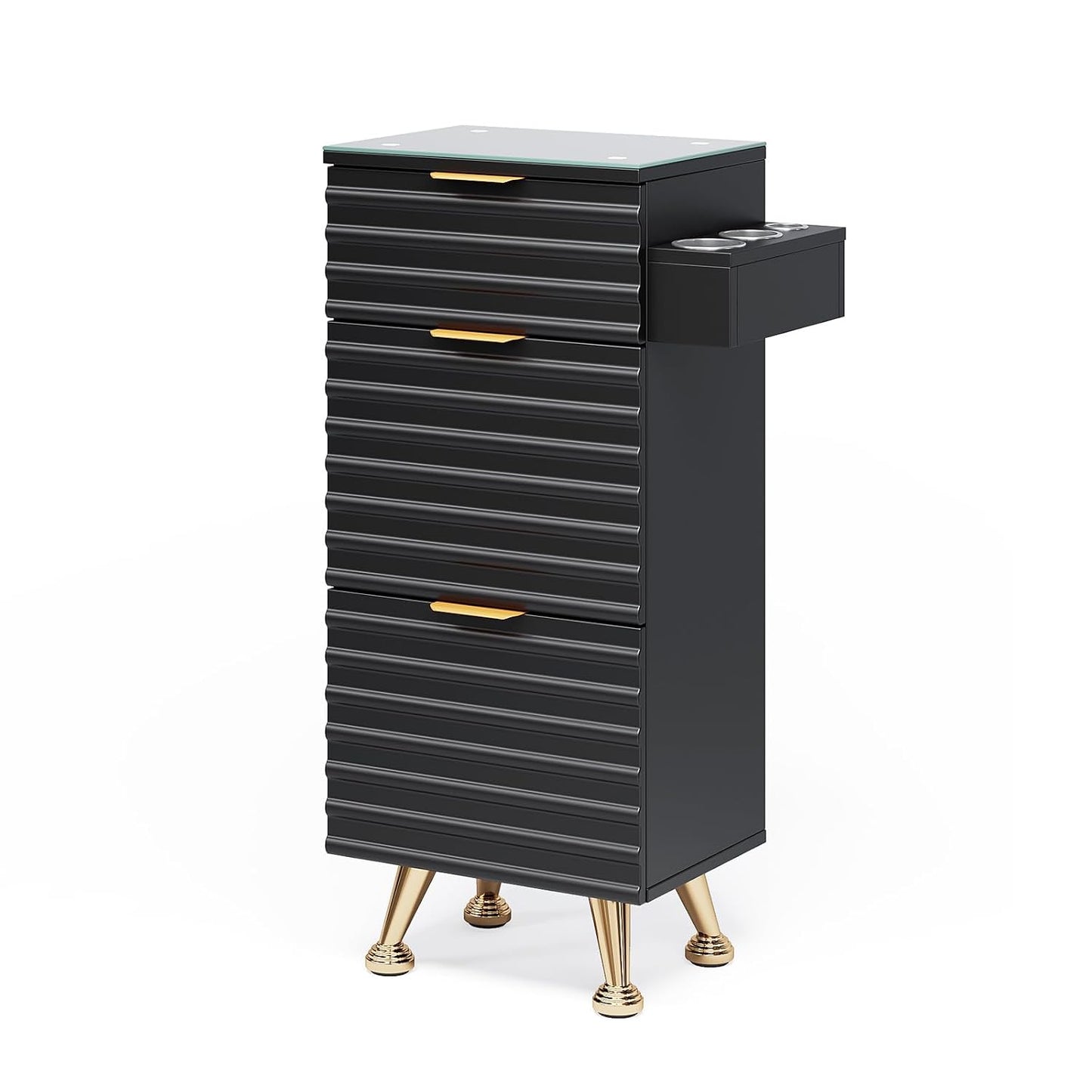Professional Salon Station - Tempered Glass Top, 3 Drawers, Heat Resistant Tool Holders | Black Barber & Stylist Storage Cabinet