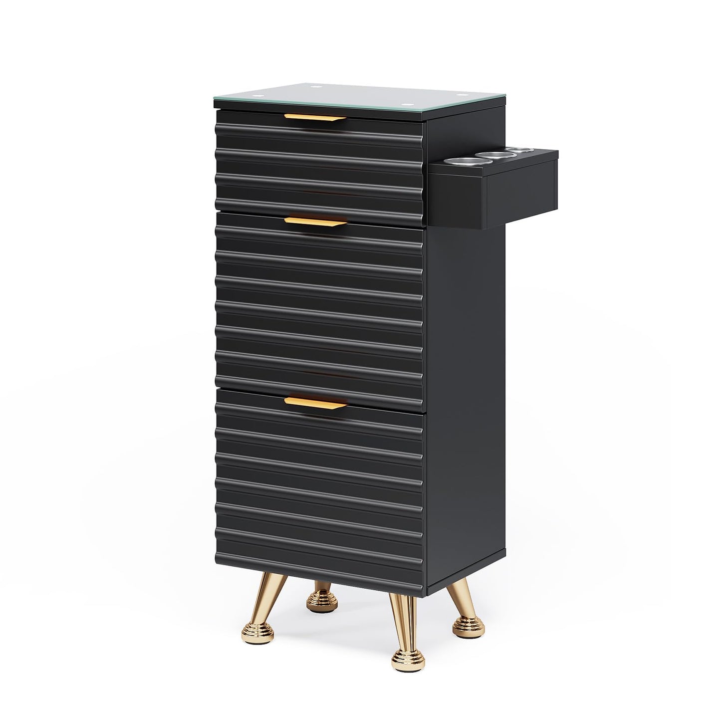 OmySalon Salon Stations for Hair Stylist, Barber Station with Glass Top & Drawers & Hot Tool Holder, Salon Storage Cabinet Hair Organizer Equipment for Beauty Spa, Black