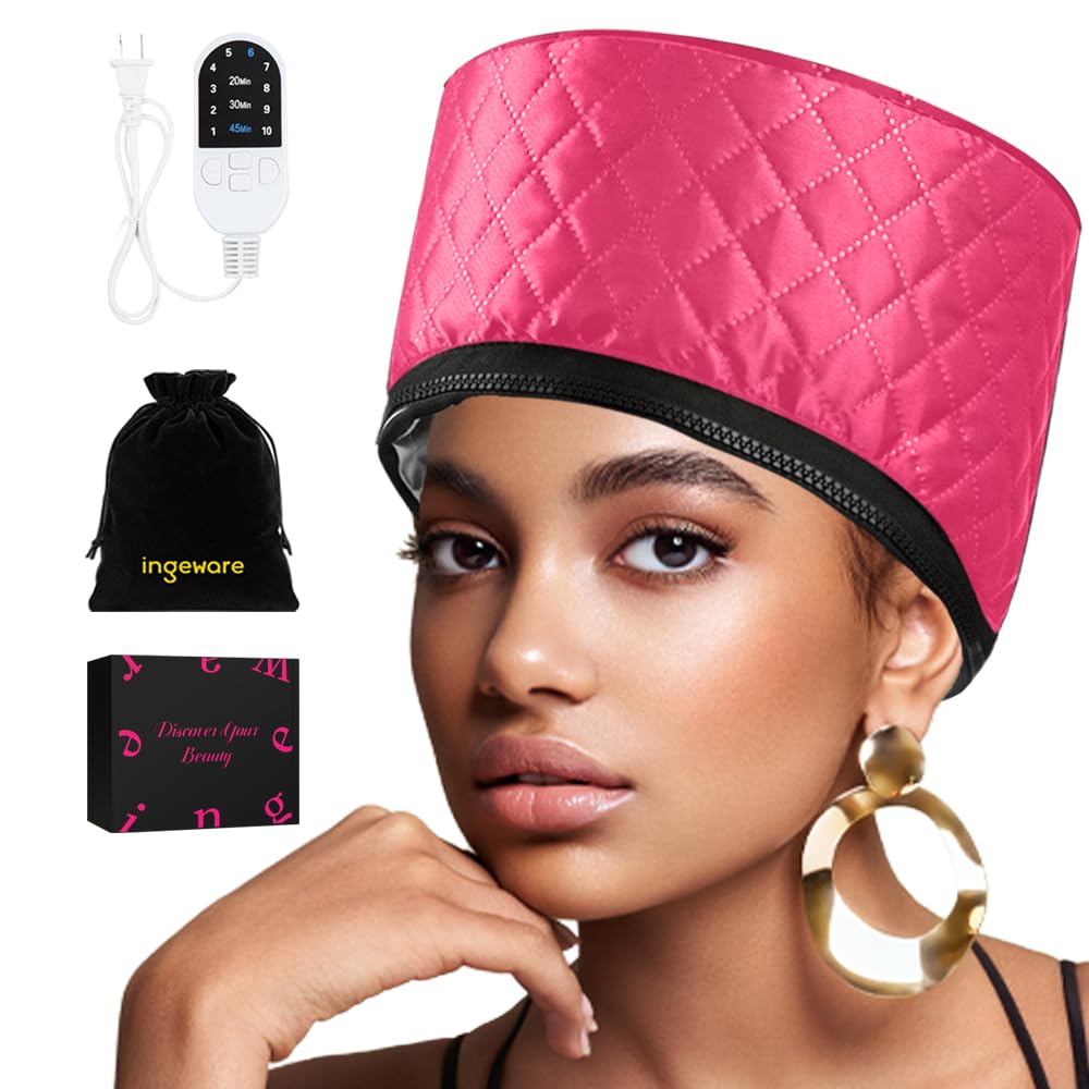 Heat Cap for Deep Conditioning, Ingeware Thermal Cap for Hair Steamer Cap for Natural Hair Portable Electric Heat Hair Spa Cap for Home Use Pattern (Rose Red)