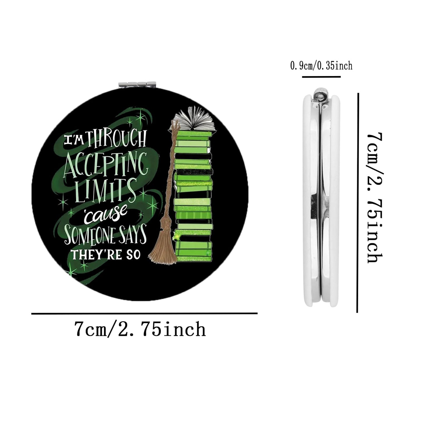 BEKECH Elphaba Quote Compact Mirror I’m Through Accepting Limits Green Witch Musical Makeup Mirror Gift for Theater Fans (Black)