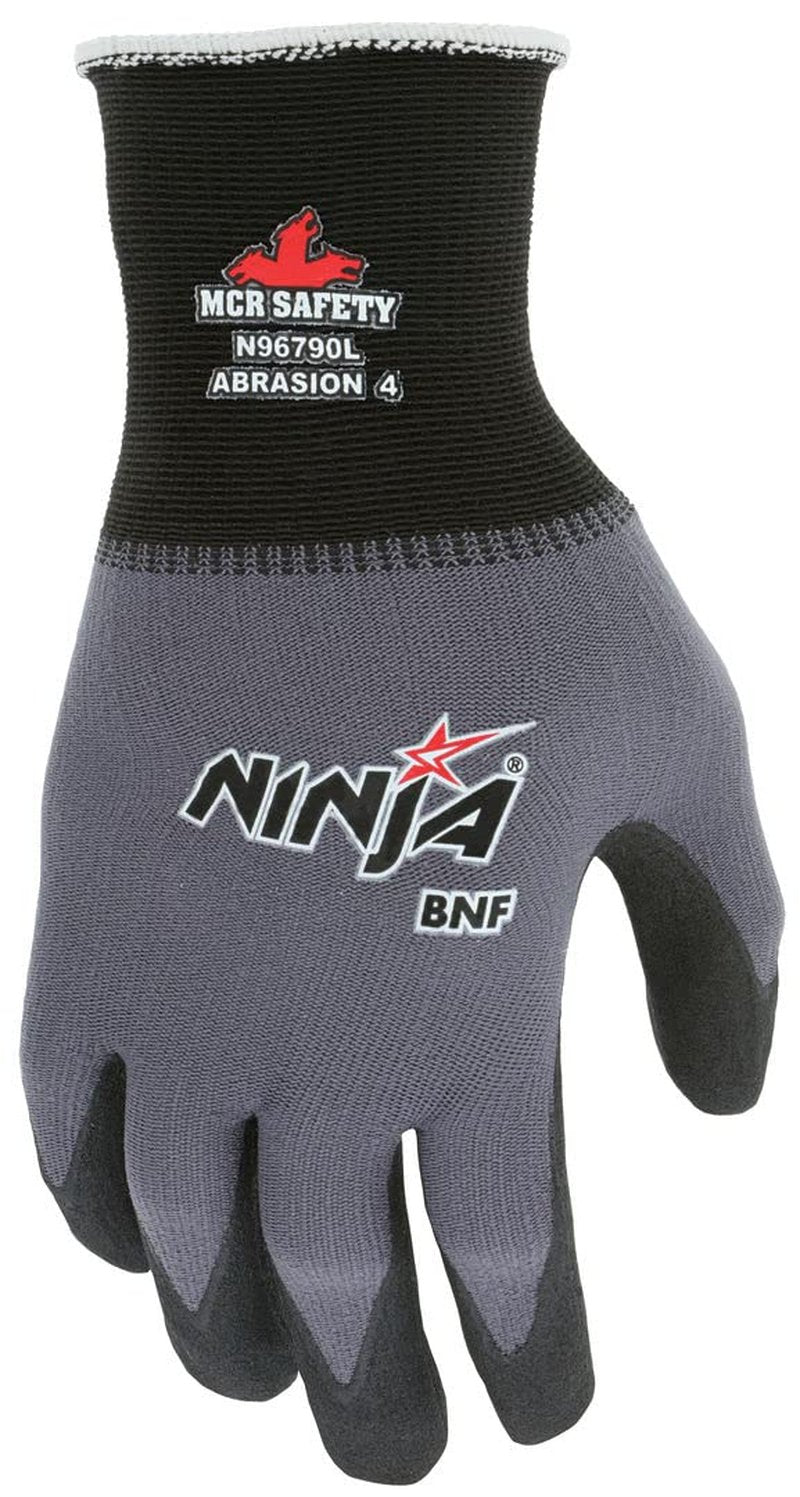 MCR Safety Ninja BNF N96790L Work Glove, 15 Gauge Nylon/Spandex Shell, Breathable Nitrile Foam (BNF) Coated Palm & Fingertips, Large, Black / Gray, Grey
