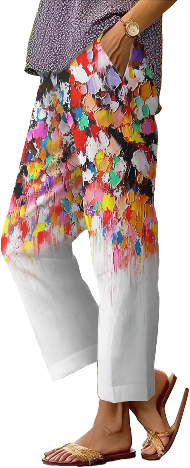 Womens Plus Size Floral Boho Capris - Elastic Waist Beach Trousers | Casual Summer Pants