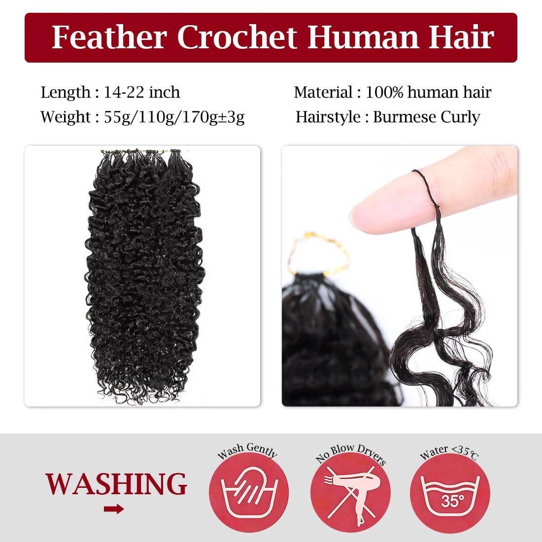 Miracle Invisible Knots Feather Human Crochet Hair 20 Inch 110g Pre-Looped for Burmese Curly (Open End) Natural & Bouncy Wave Invisible Seamless Knotless Soft BM Crochet Hair for Black Women (1B)