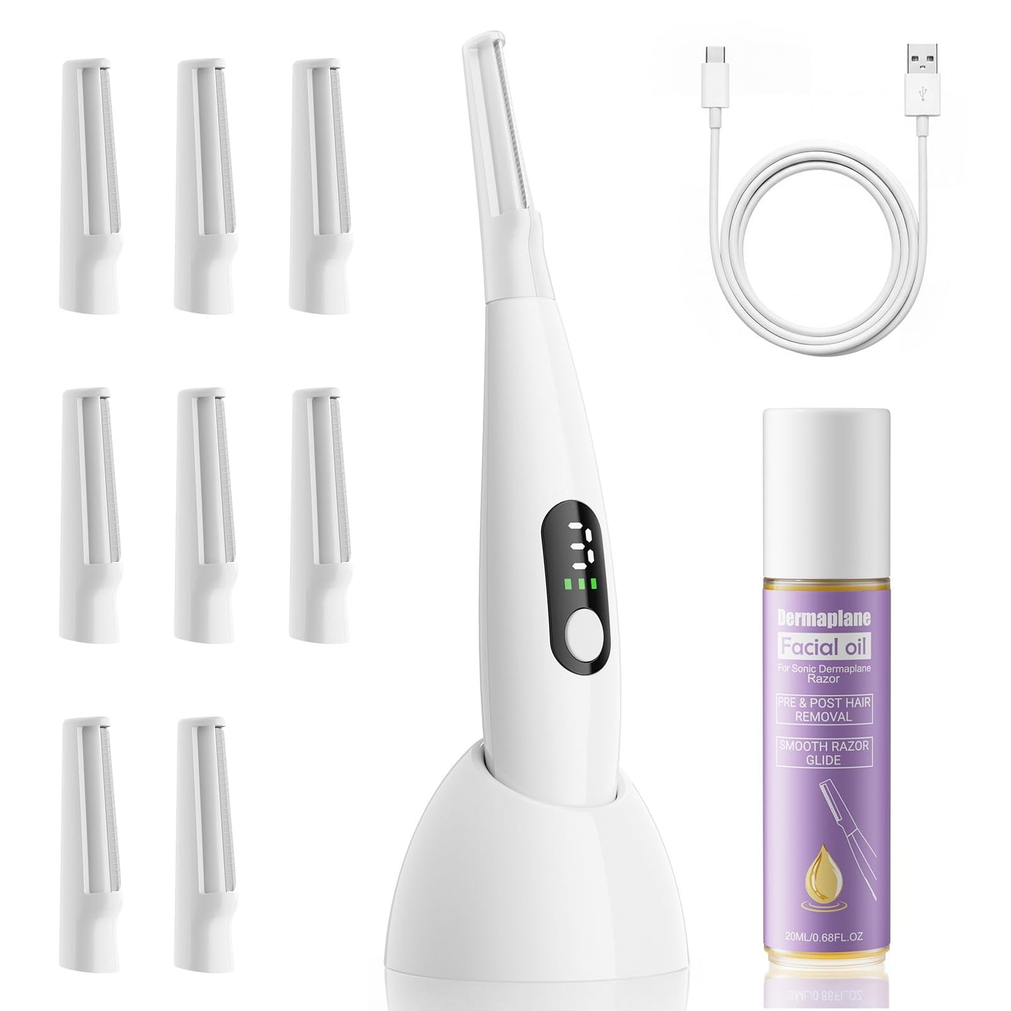 Sonic Dermaplane Razor for Women Face, Gentle Peach Fuzz Removal & Exfoliation with 3 Speeds, Rechargeable Dermaplaning Tool with 8 Blades & Facial Oil