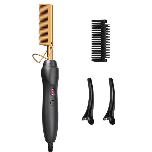 Electric Hot Comb Hair Straightener - Pressing Combs, Ceramic Hair Straightening Comb, Curling Iron for Natural Black Hair Men Beard or Holiday Gift - Glod 3 In1